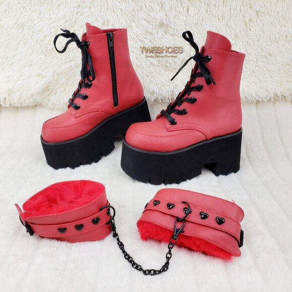 Goth Punk Platform Ankle Boots Furry Chain Cuff 57 - Picture 15 of 16